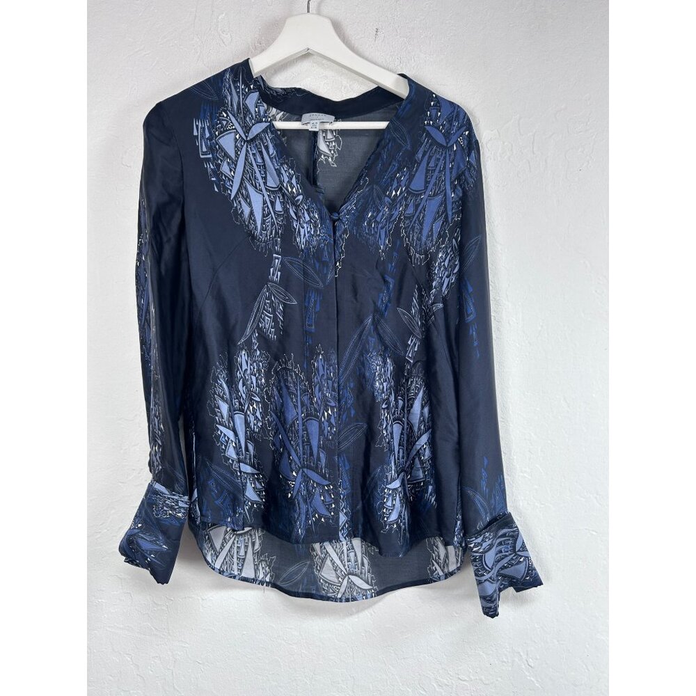 Jigsaw x Simon Beck Women’s Blue Silk Blouse Size 6 Snow Pattern Long Sleeve Top